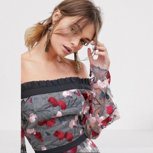 ASOS Dolly & Delicious Embroidered Bardot Dress 4 - Picture 2 of 11